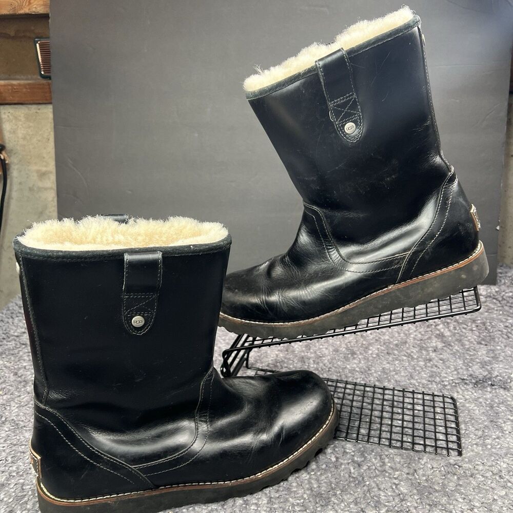 UGG Mens 10 Stoneman TL Waterproof Black Leather Sheepskin Pull On Boots